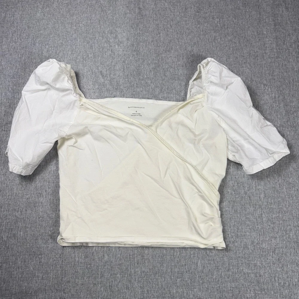 By Anthropologie White Puff Sleeve Wrap Top Ribbed Knit Cotton Blouse Small